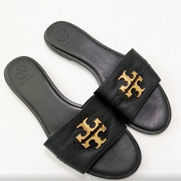 Tory Burch Everly Black Slides with Gold Emblem sandals slippers